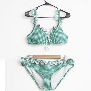 J Crew Scalloped ruffle bikini in Green textured gingham L